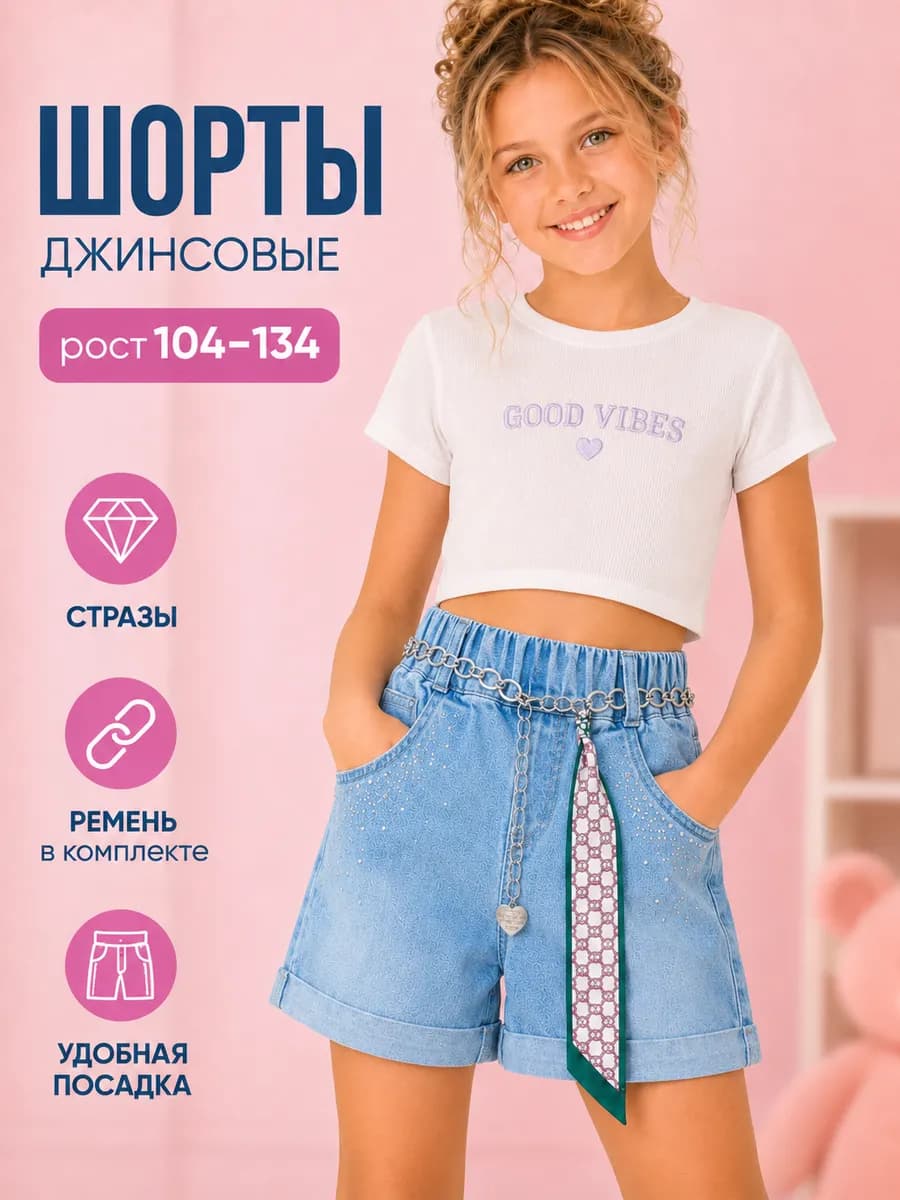 Шорты джинсовые на резинке со стразами и ремешком