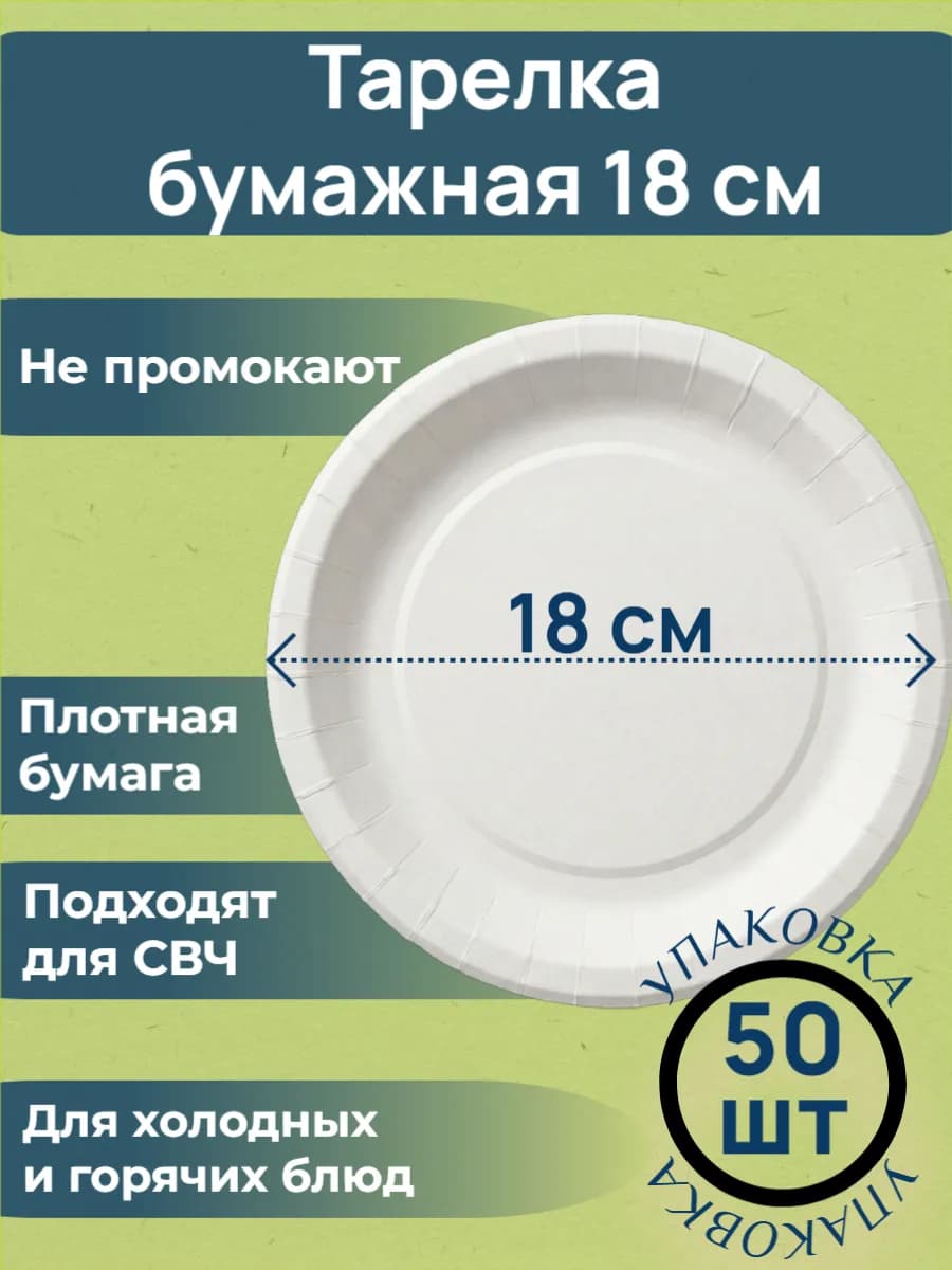 Тарелки одноразовые бумажные 18 см 50 штук