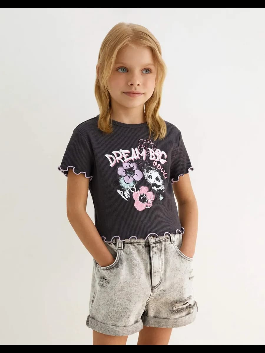 Тёмно-серая футболка в рубчик с граффити-принтом