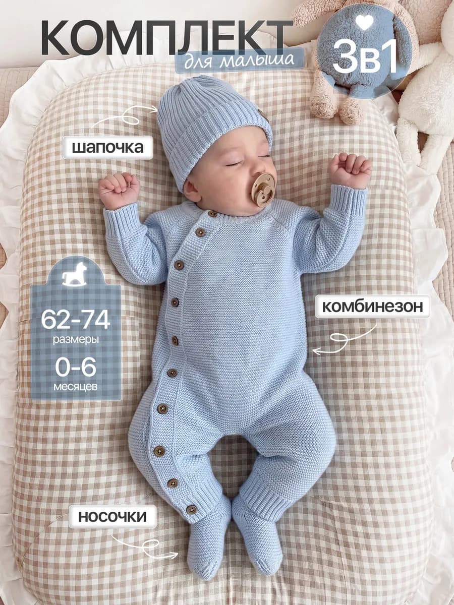 Вязаный комбинезон на выписку для новорожденных комплект - фото 1