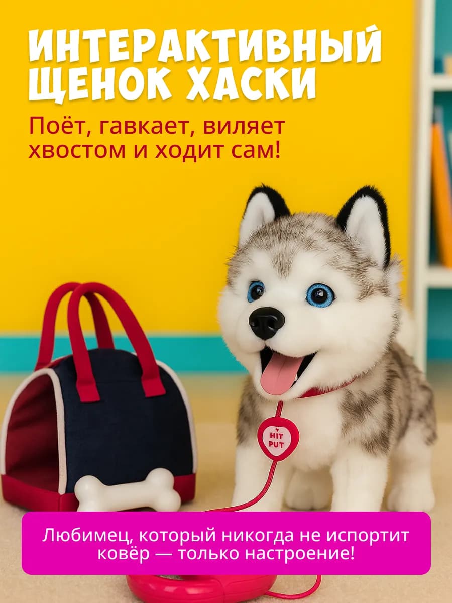 Интерактивная игрушка собака умный щенок хаски с сумкой
