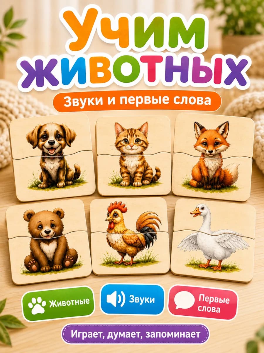 Пазлы картинки половинки Учим звуки животных