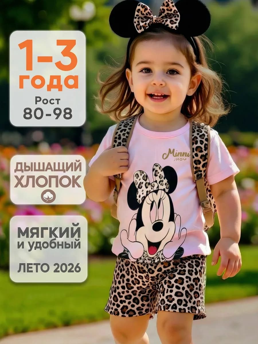 Костюм для девочки шорты леопард и футболка с Микки