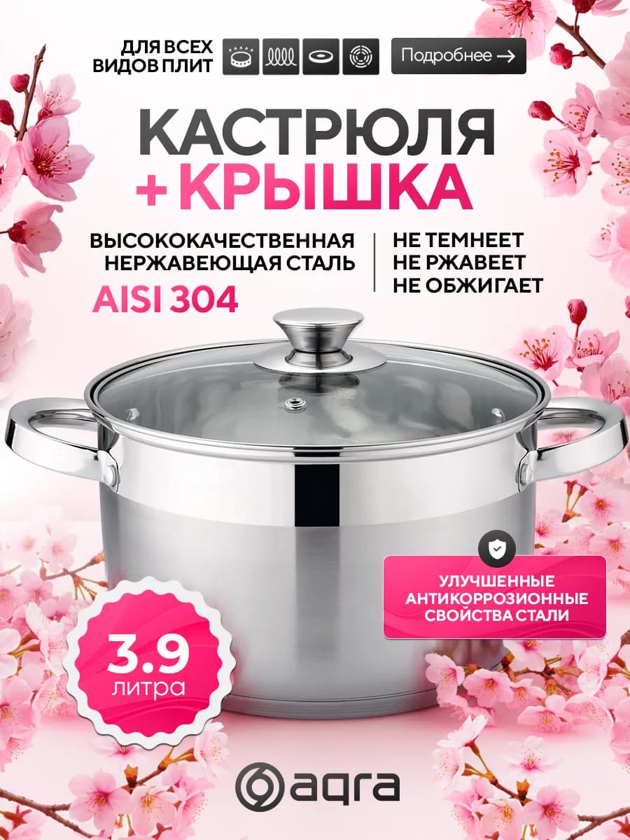 Кастрюля из нержавеющей стали со стеклянной крышкой 4 л