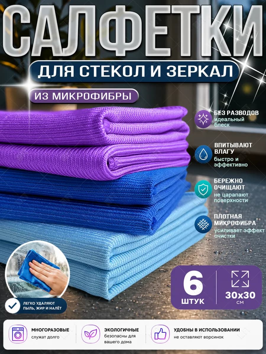 Салфетки для стекол и зеркал из микрофибры 30х30 см