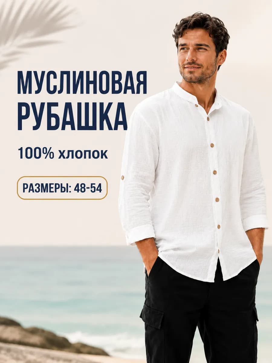 Рубашка муслиновая летняя с длинным рукавом воротник стойка