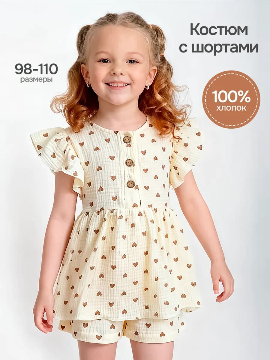 Муслиновый костюм для девочки летний с шортами