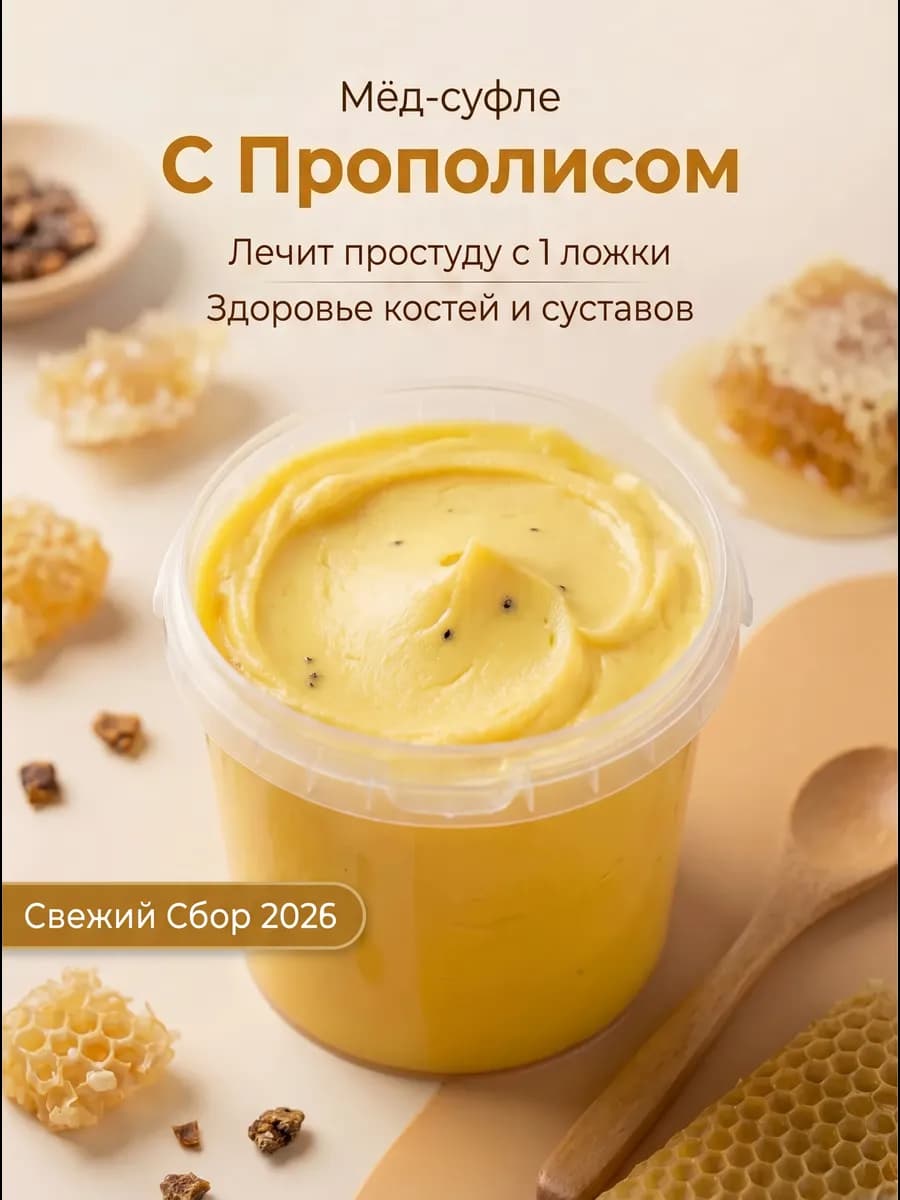 Мед натуральный с прополисом, полезный крем мед-суфле