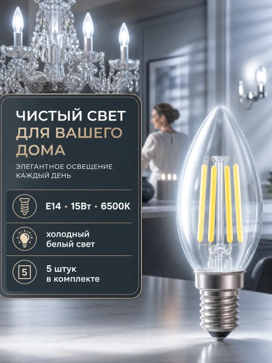 Светодиодная лампочка E14 15Вт 6500К холодный свет свеча