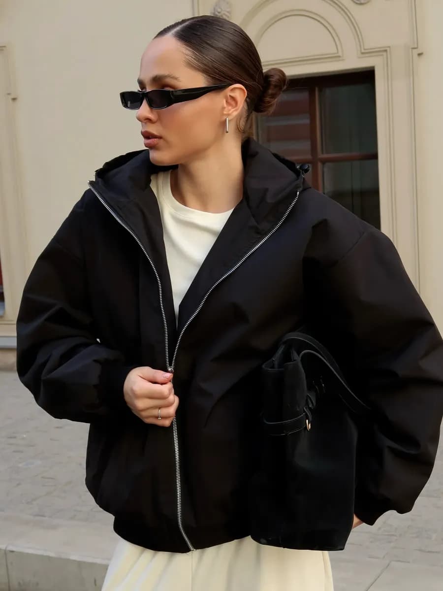 Бомбер воротник-стойка с капюшоном весенний оверсайз