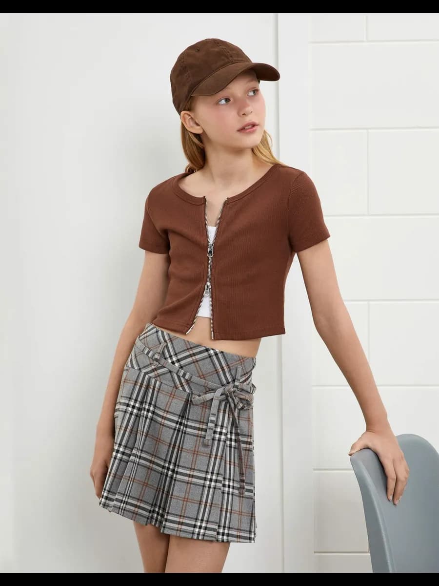 Коричневый кроп-топ в рубчик на молнии