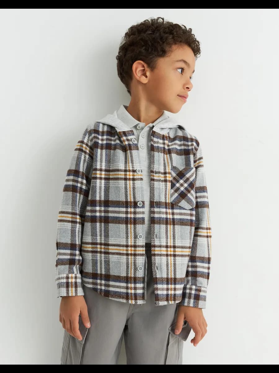 Серая свободная рубашка в клетку с капюшоном