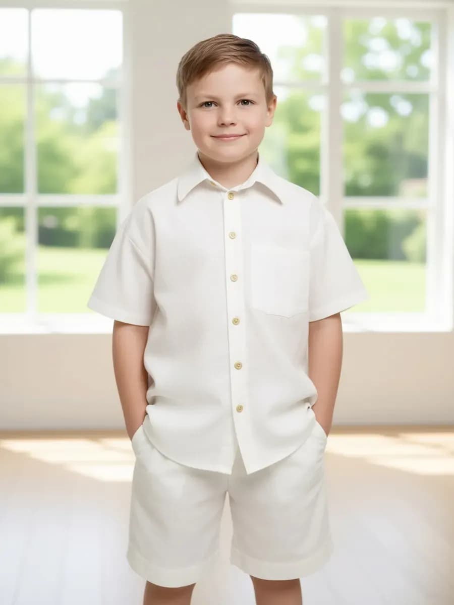 Рубашка в школу льняная с коротким рукавом теплый белый