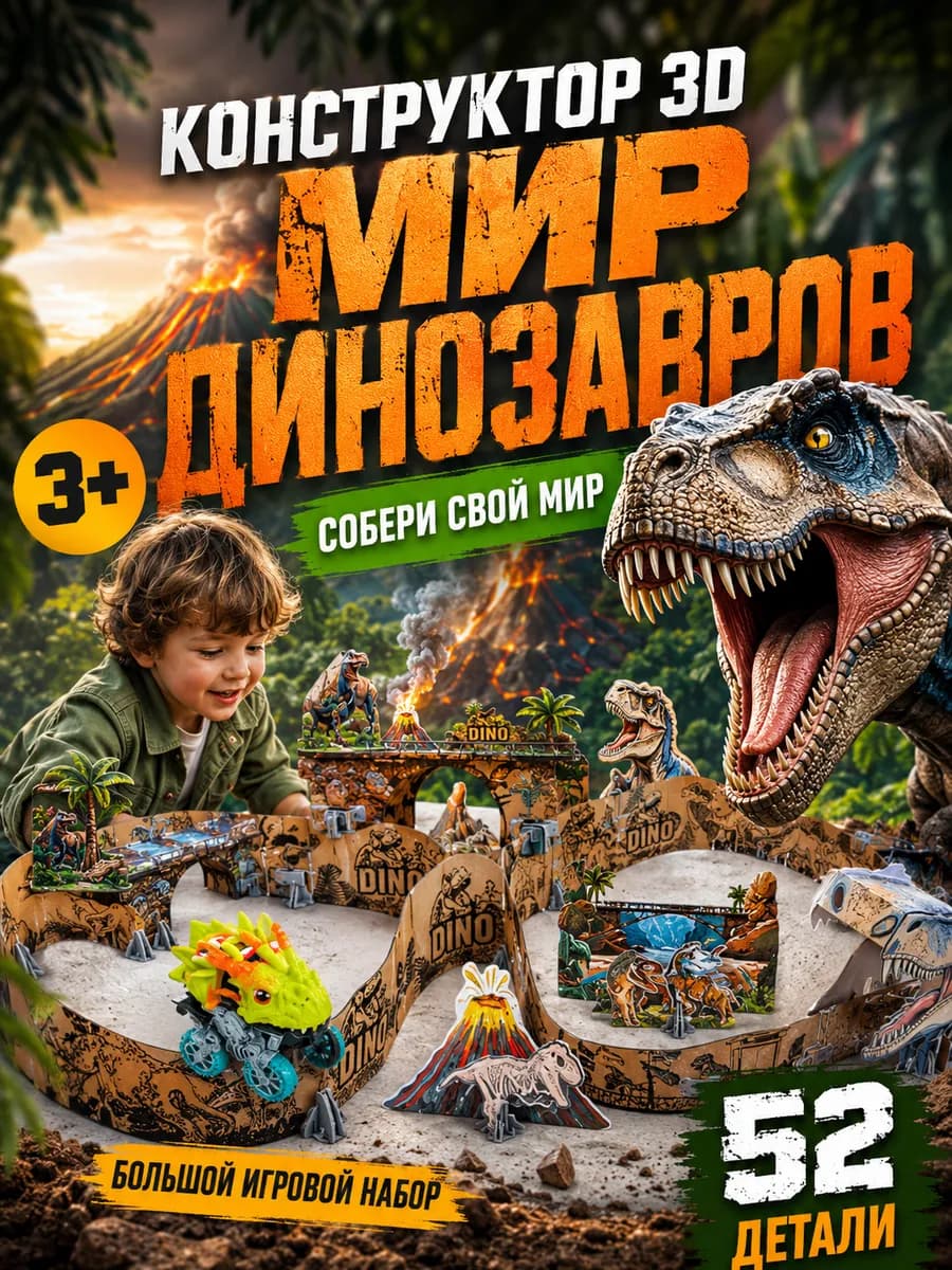 Конструктор для мальчиков и девочек Динозавры картонный