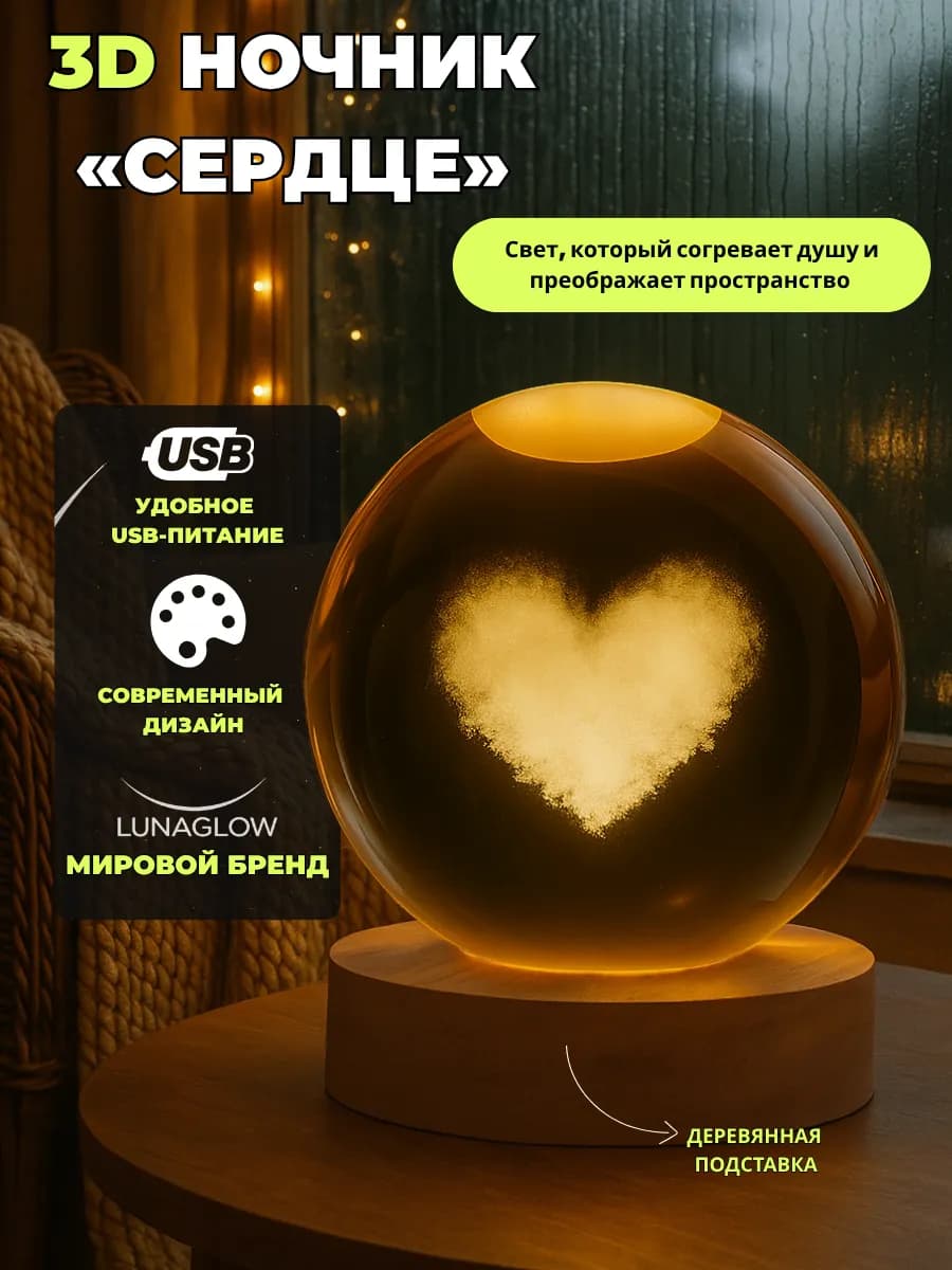 Ночник светодиодный Шар Сердце USB