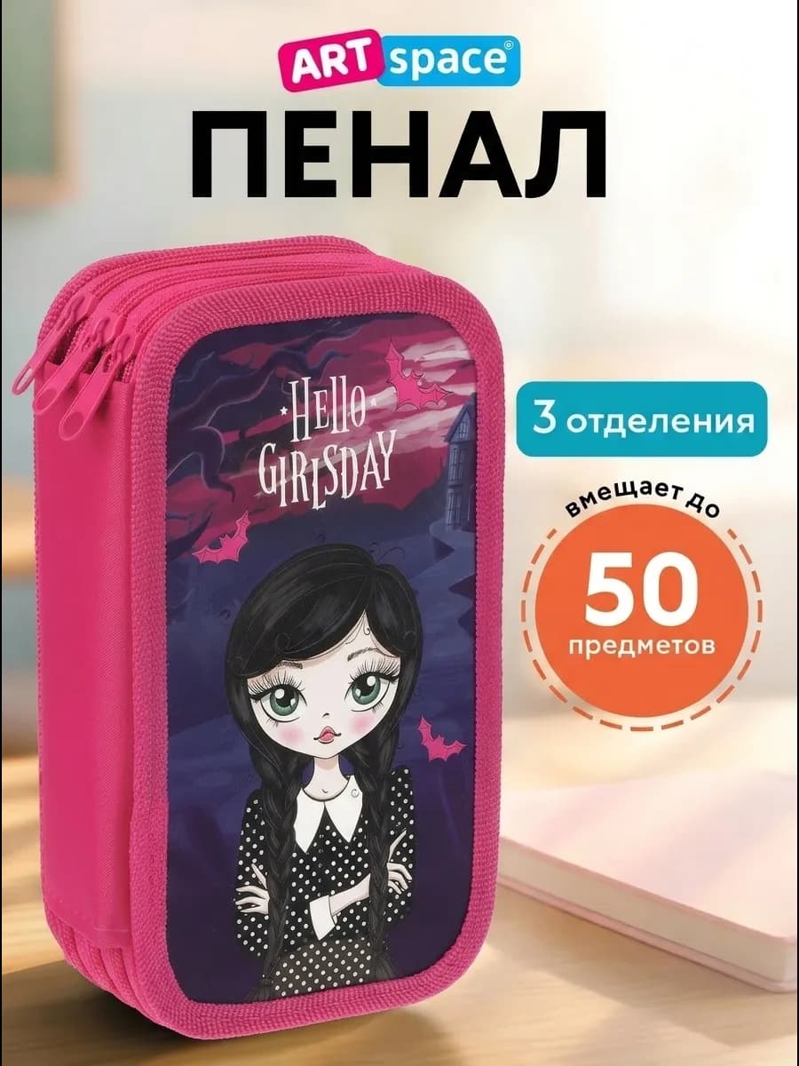 Пенал школьный для девочки, 3 отделения