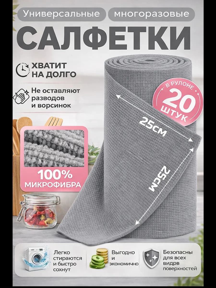 Салфетки для уборки в рулоне из микрофибры 25*25