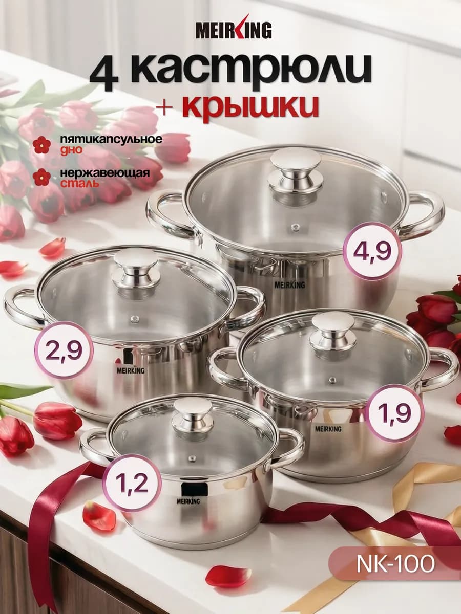 Набор кастрюль со стеклянными крышками стальные 4 шт