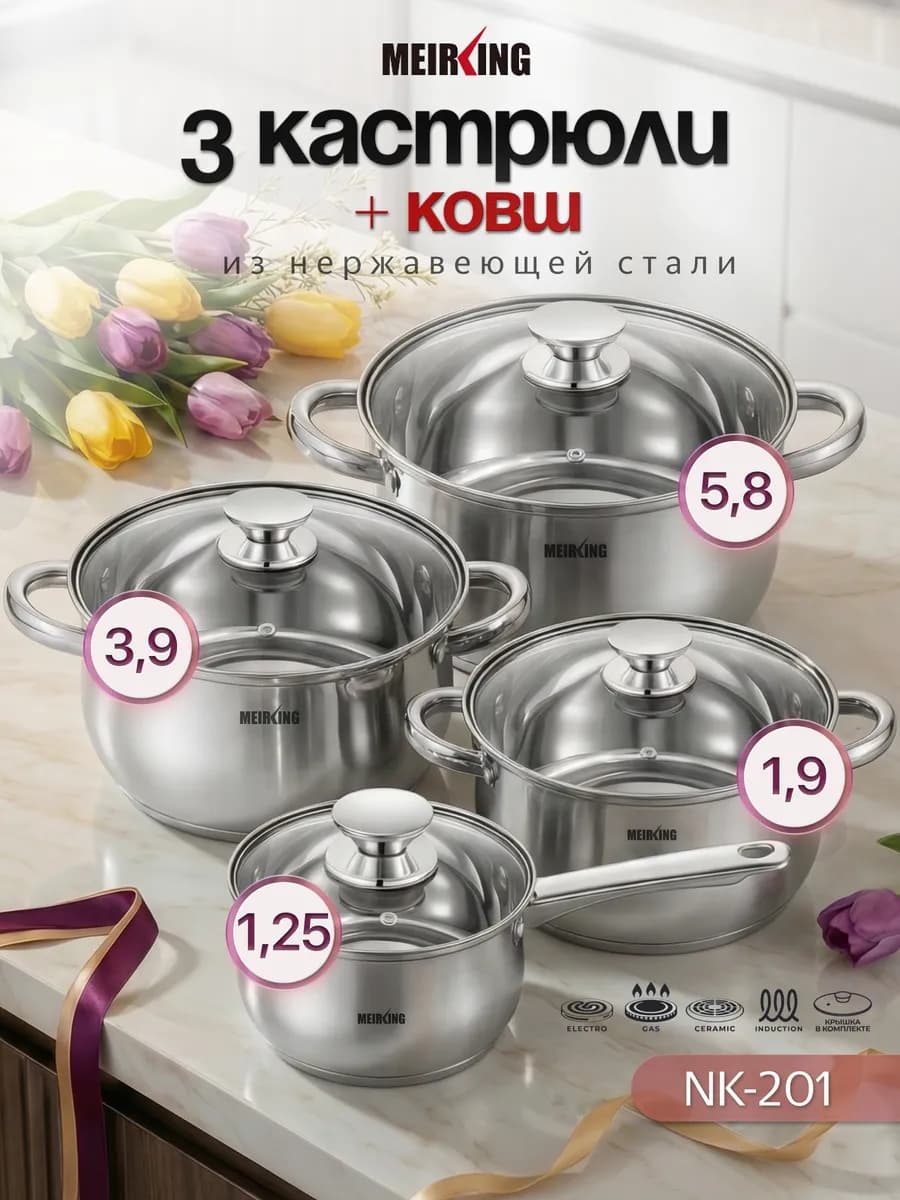 Набор кастрюль и ковш со стеклянными крышками