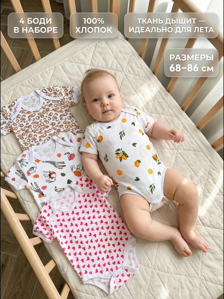 Набор боди для новорожденных 4 штуки с коротким рукавом