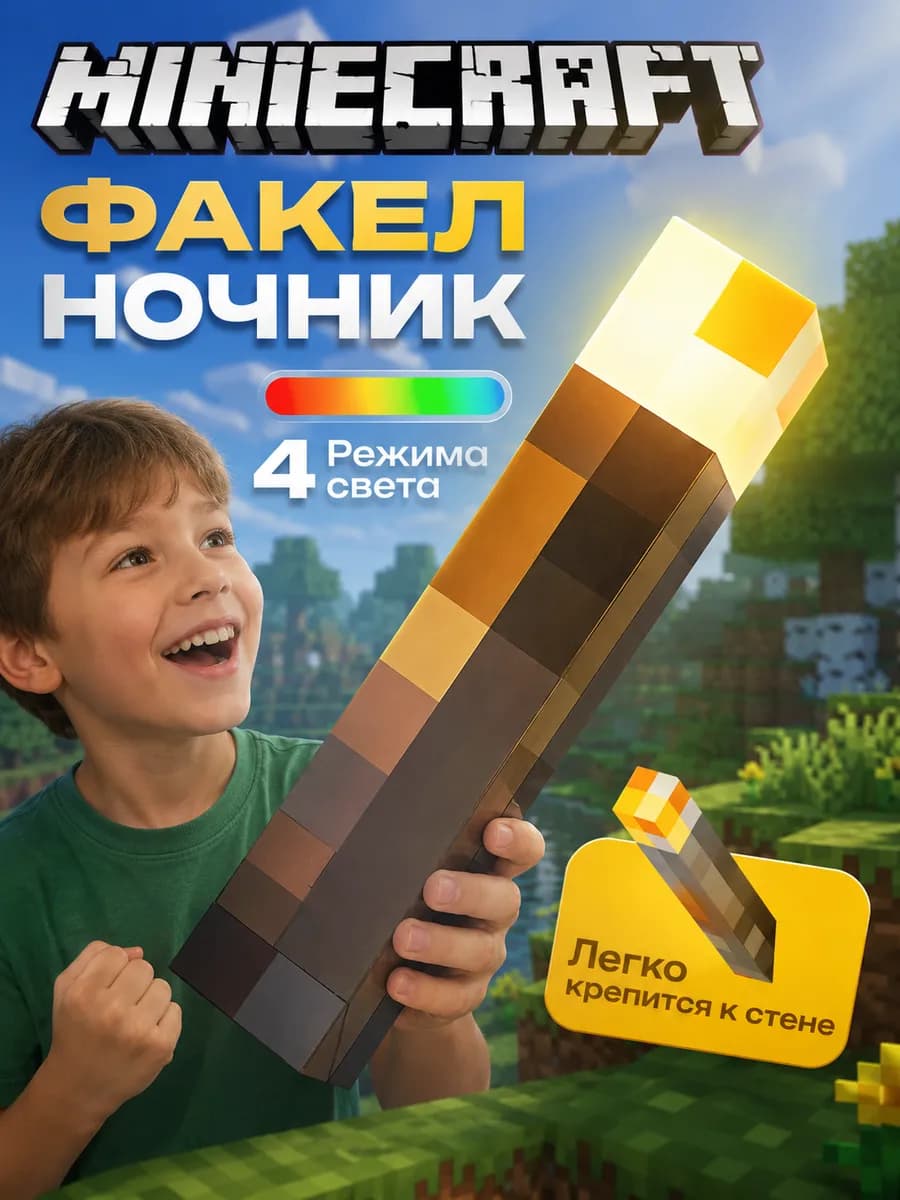 Ночник детский факел Майнкрафт