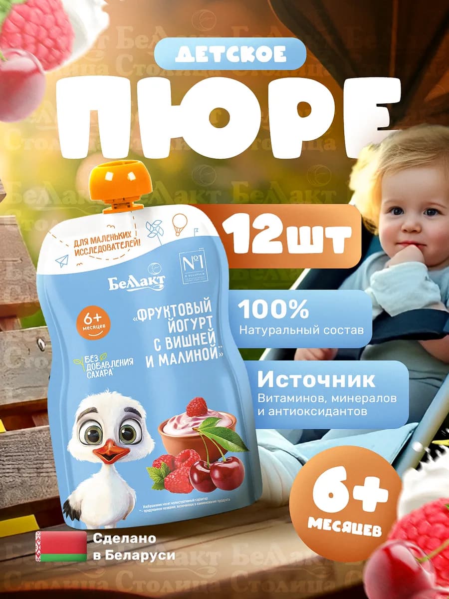 Детское пюре Фруктовый йогурт Вишня-Малина 90г х 12 шт, с 6+