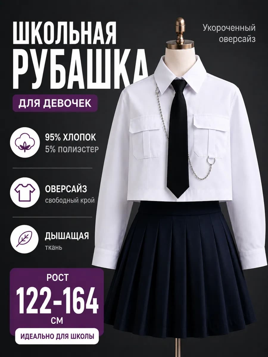 Рубашка школьная блузка укороченная с галстуком белая Y2K