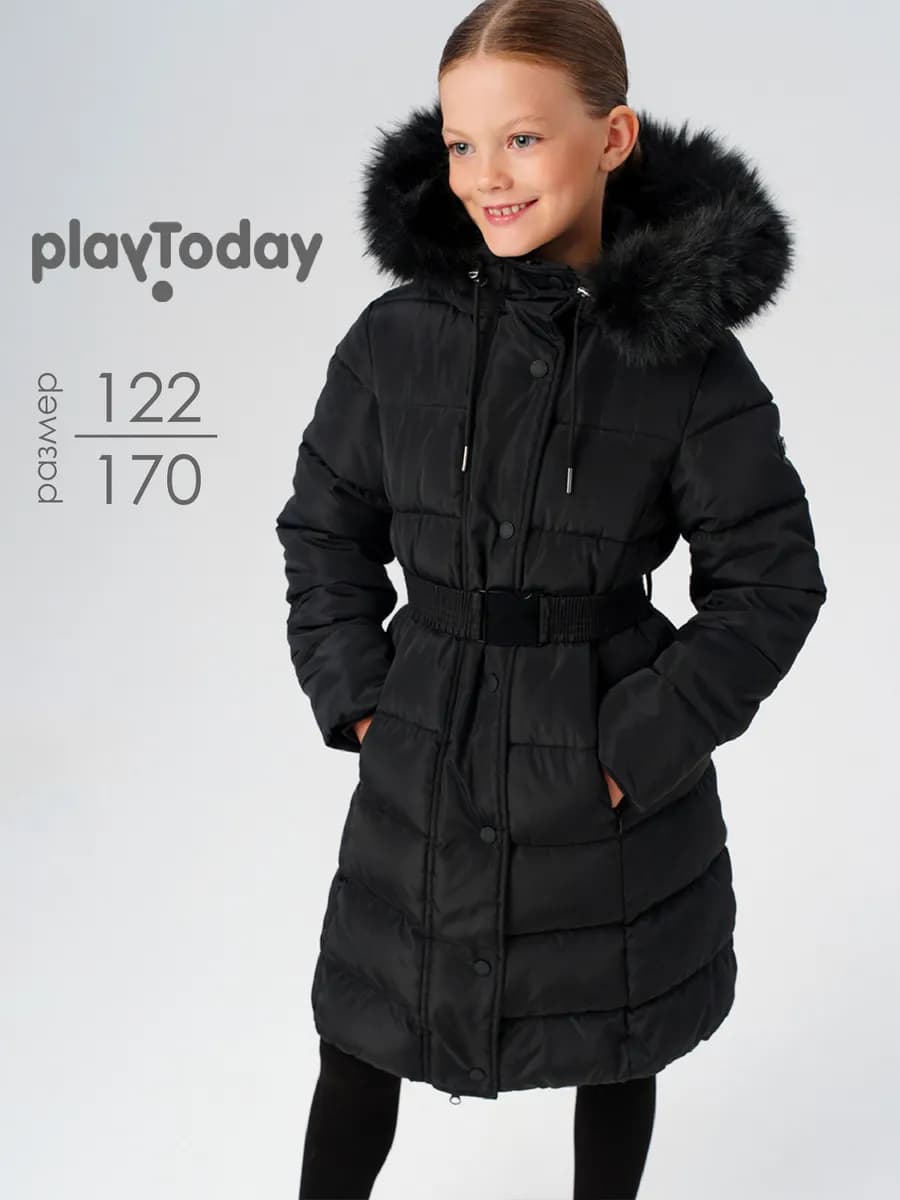 Зимнее пальто с поясом и капюшоном со съемным мехом