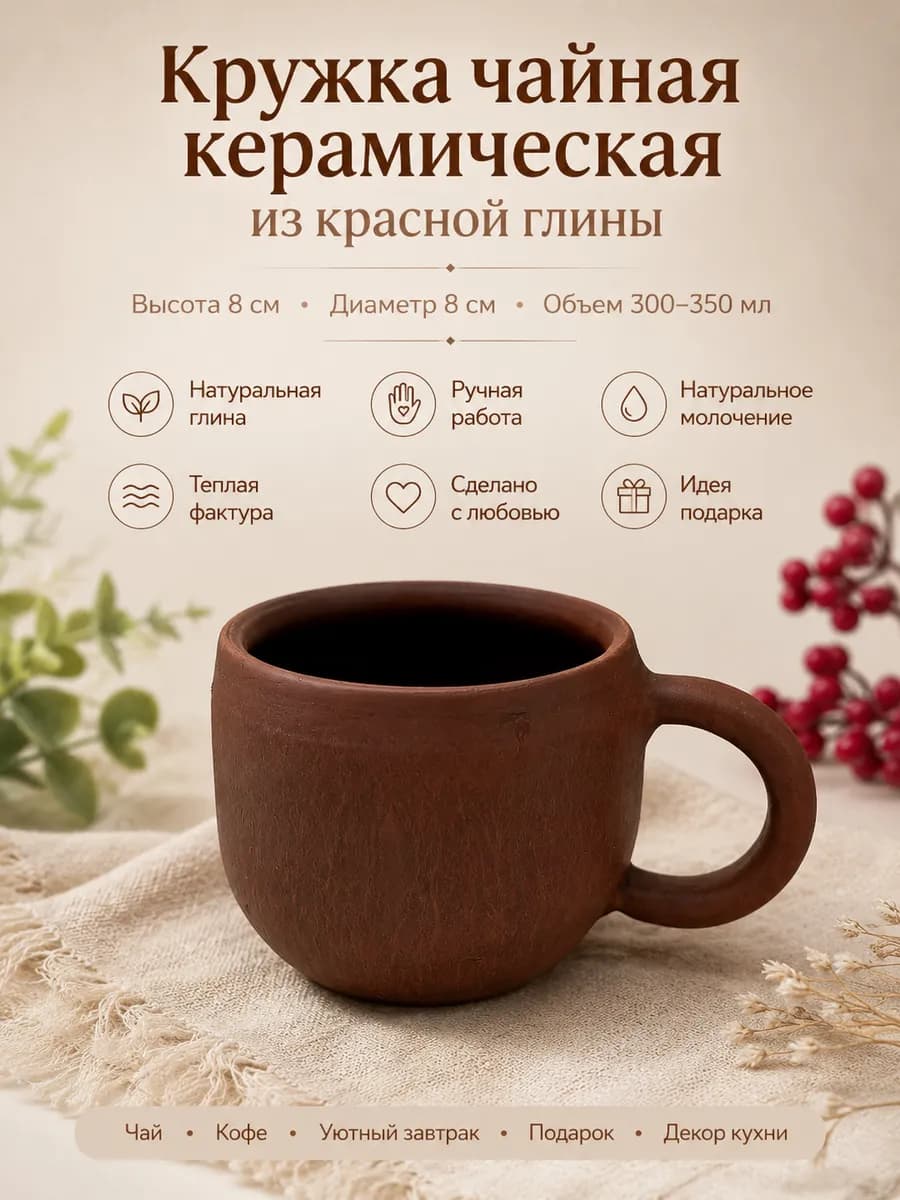 Кружка керамическая чайная из глины 350мл