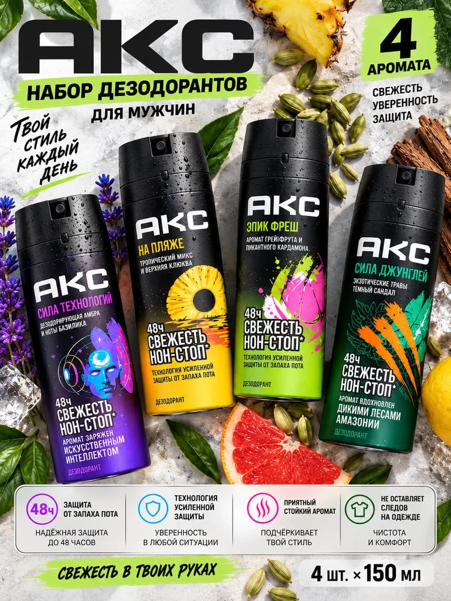 Парфюмированный дезодорант мужской спрей Акс 4 х 150мл