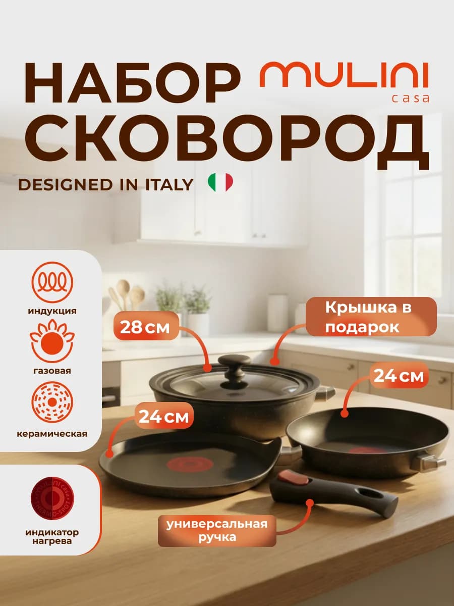 Набор сковородок с крышкой и съемной ручкой