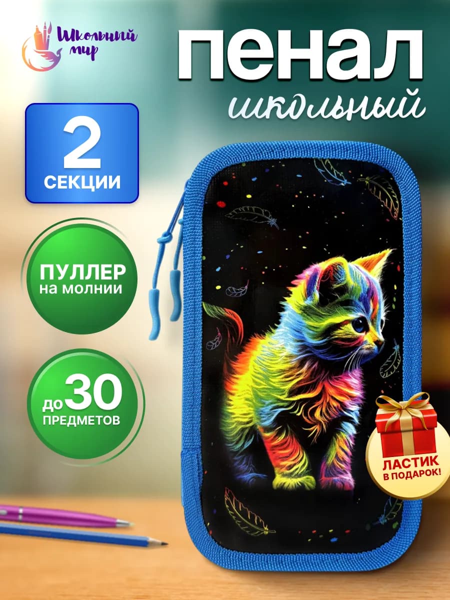 Пенал для девочки школьный с отделениями книжка Котик