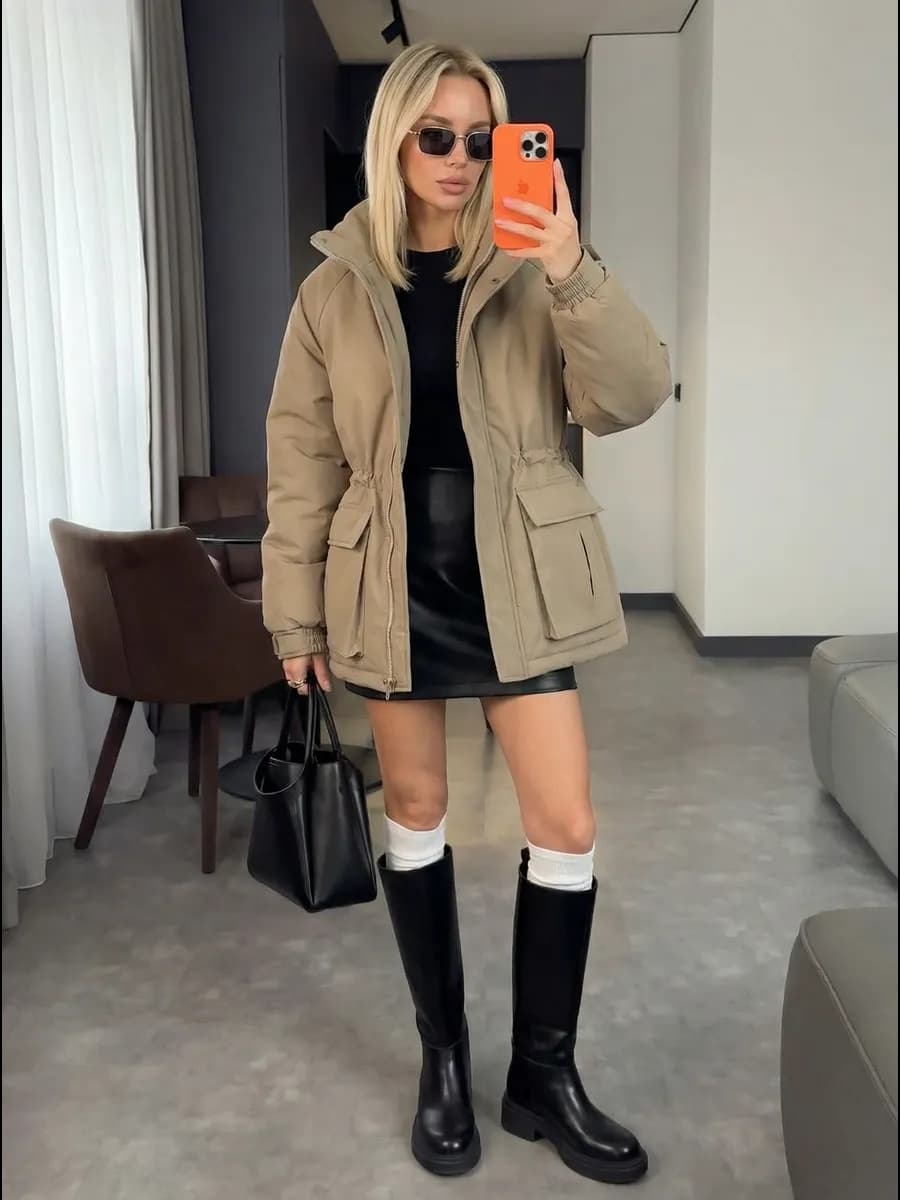 Куртка с капюшоном парка приталенная