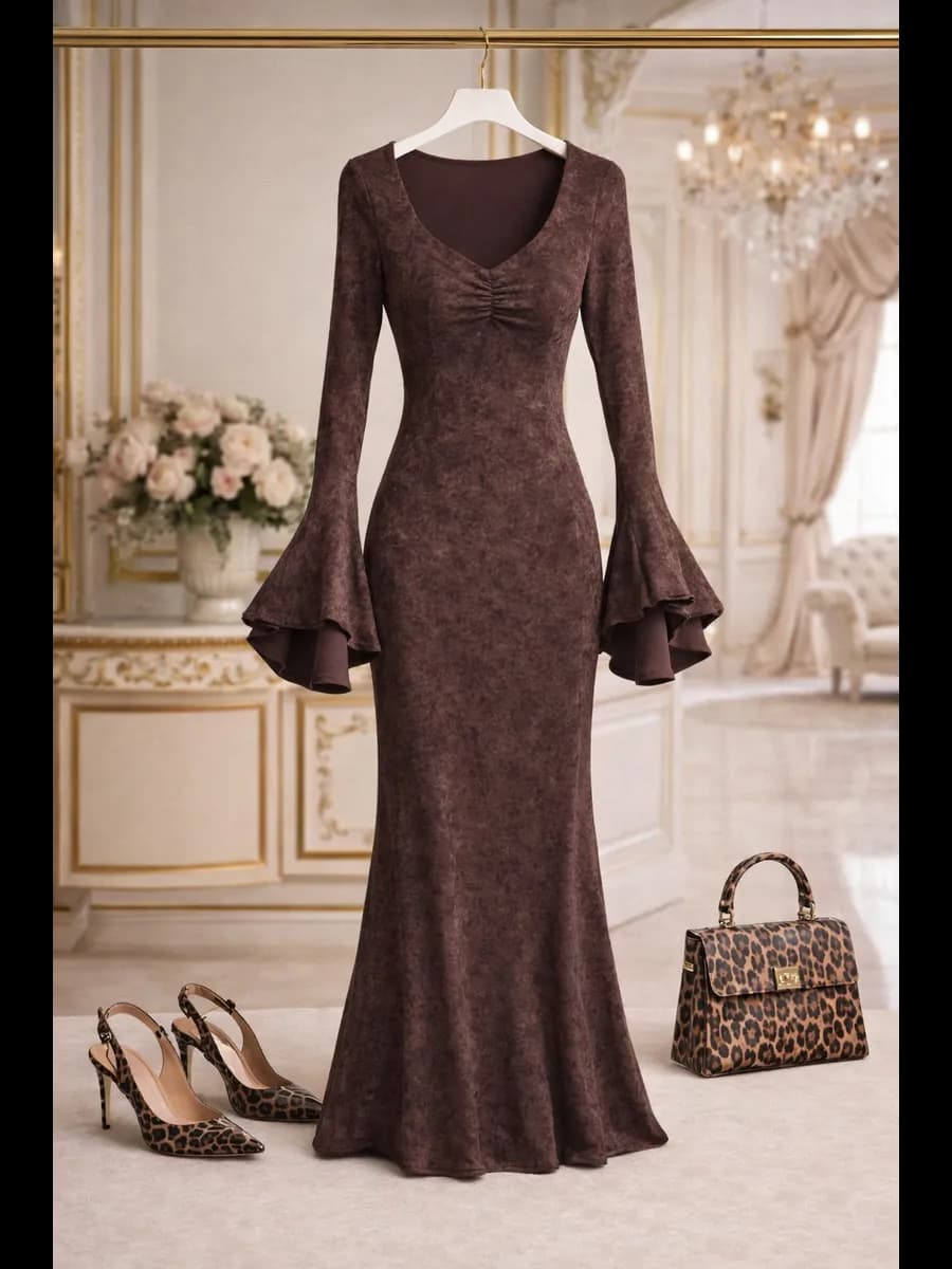 Платье рыбка лапша рукава клеш длинное вечернее нарядное - фото 1