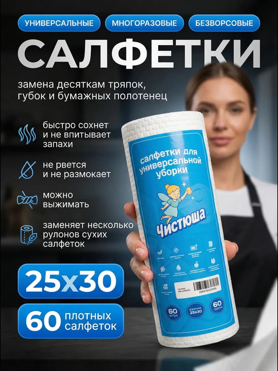 Салфетки для уборки в рулоне безворсовые 60 шт - фото 1