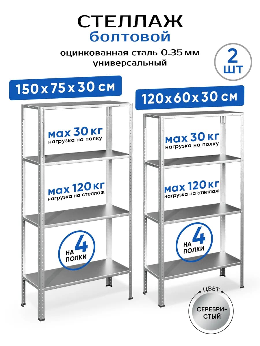 Стеллаж металлический 4 полки болтовой 2 шт