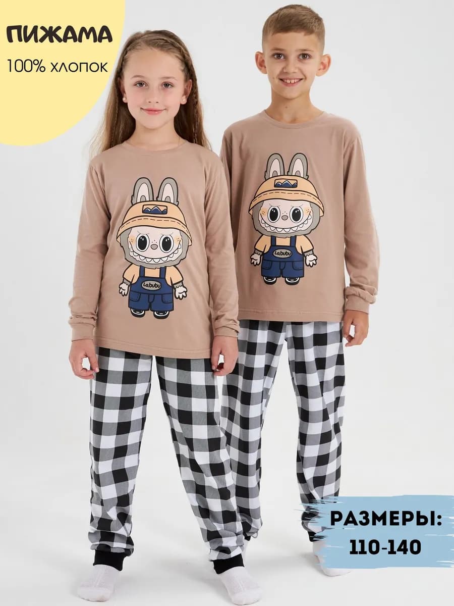 Пижама детская с принтом Лабубу со штанами в клетку