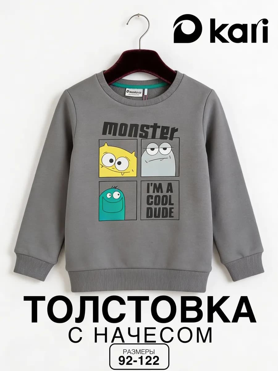 Свитшот для мальчика серый с начесом