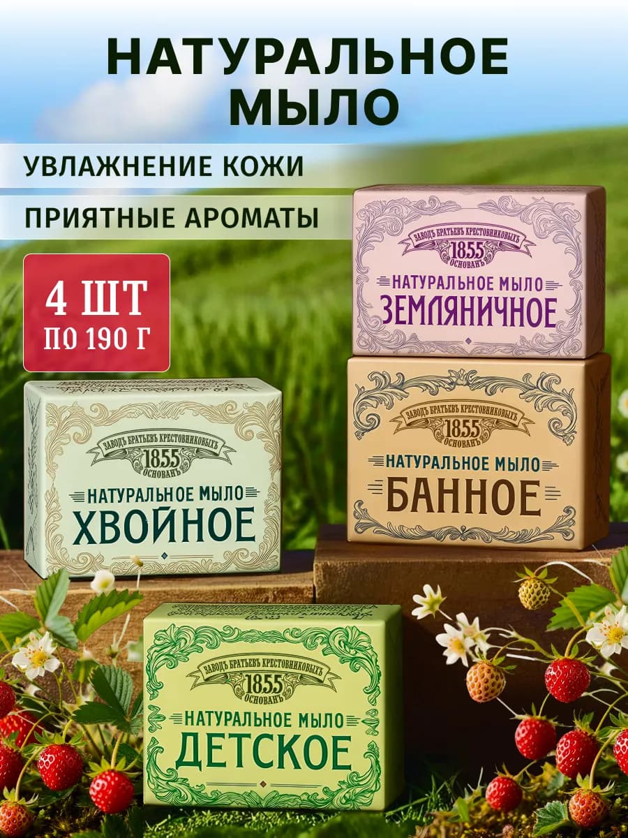 Мыло туалетное ЗБК Банное Земляника Хвойное Детское 4шт