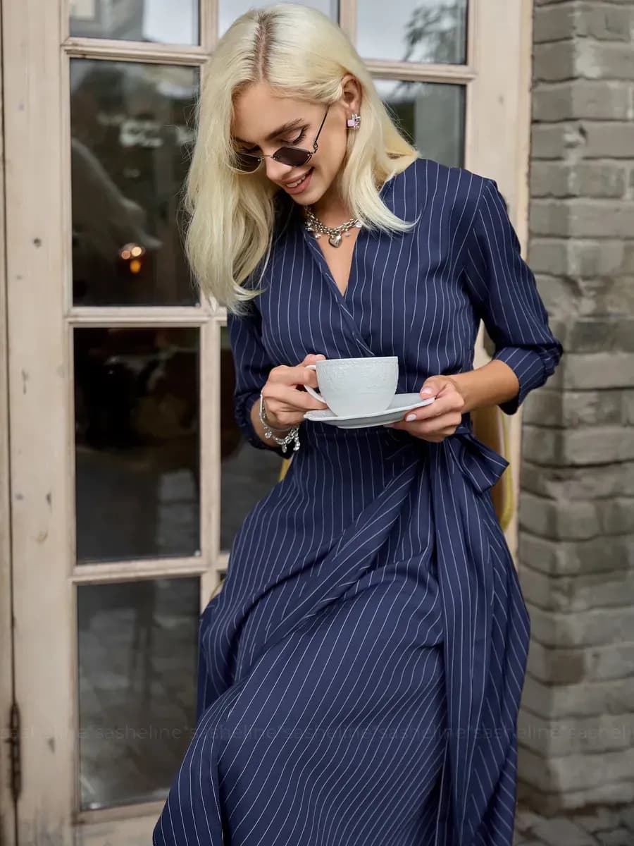 Платье рубашка офисное миди в полоску