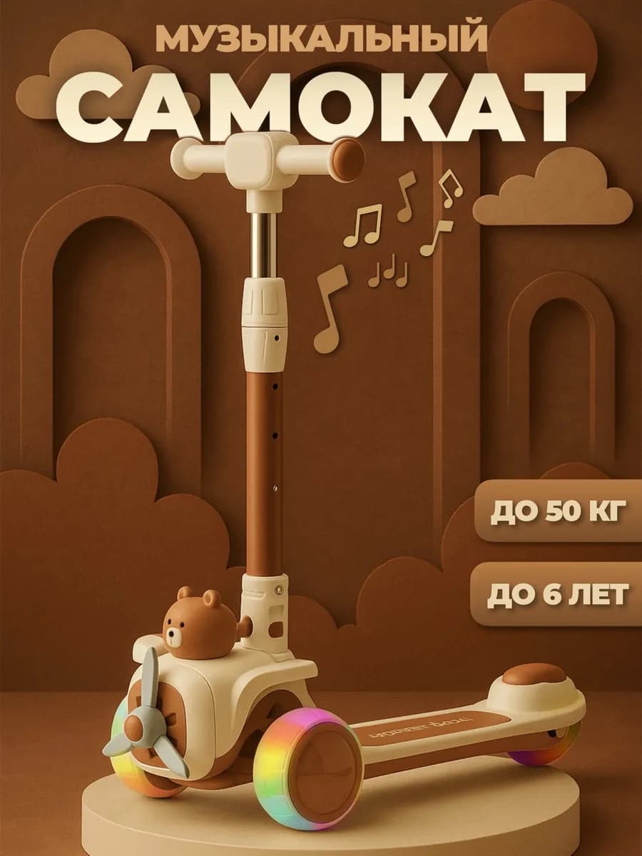 Детский самокат трехколесный музыкальный