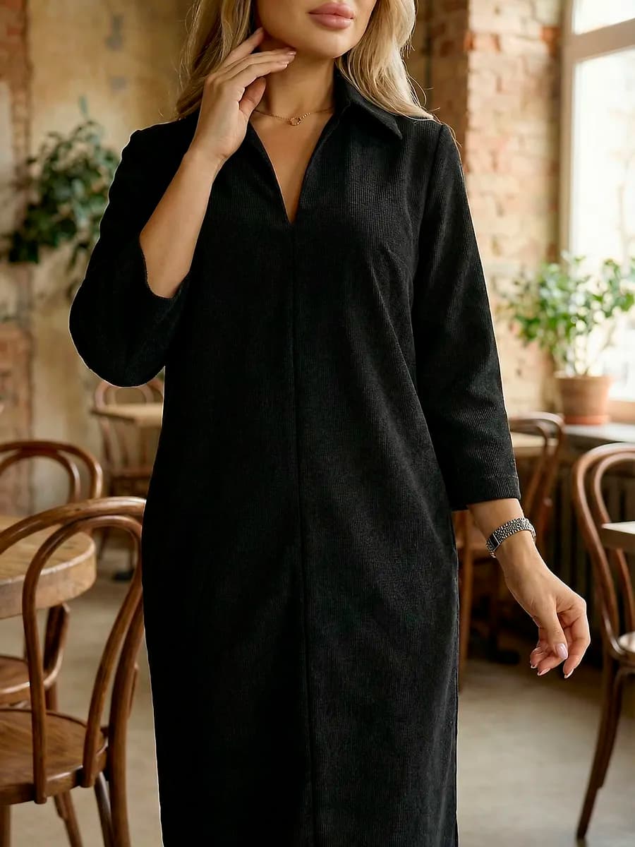 Платье-рубашка вельветовое в рубчик миди на осень