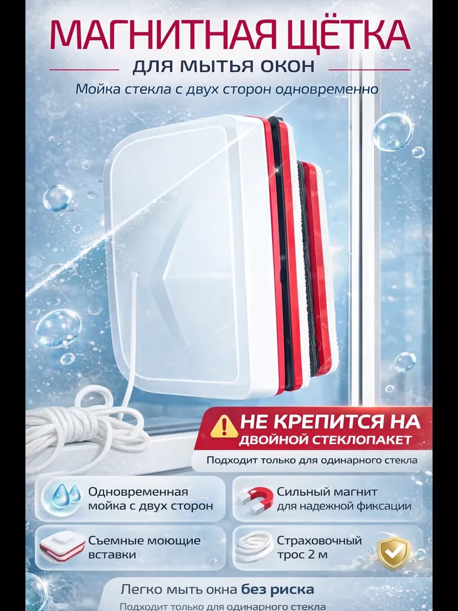 Магнитная щётка для мытья окон с двух сторон одновременно