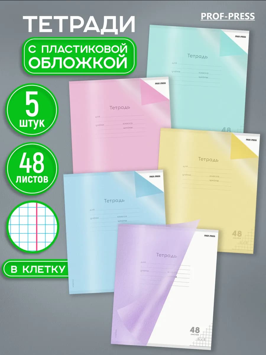 Тетрадь 48 листов в клетку 5 штук с пластиковой обложкой