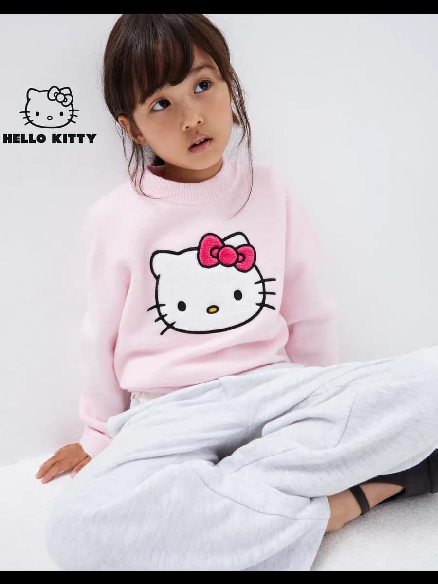 Розовый вязаный джемпер oversize с вышивкой Hello Kitty