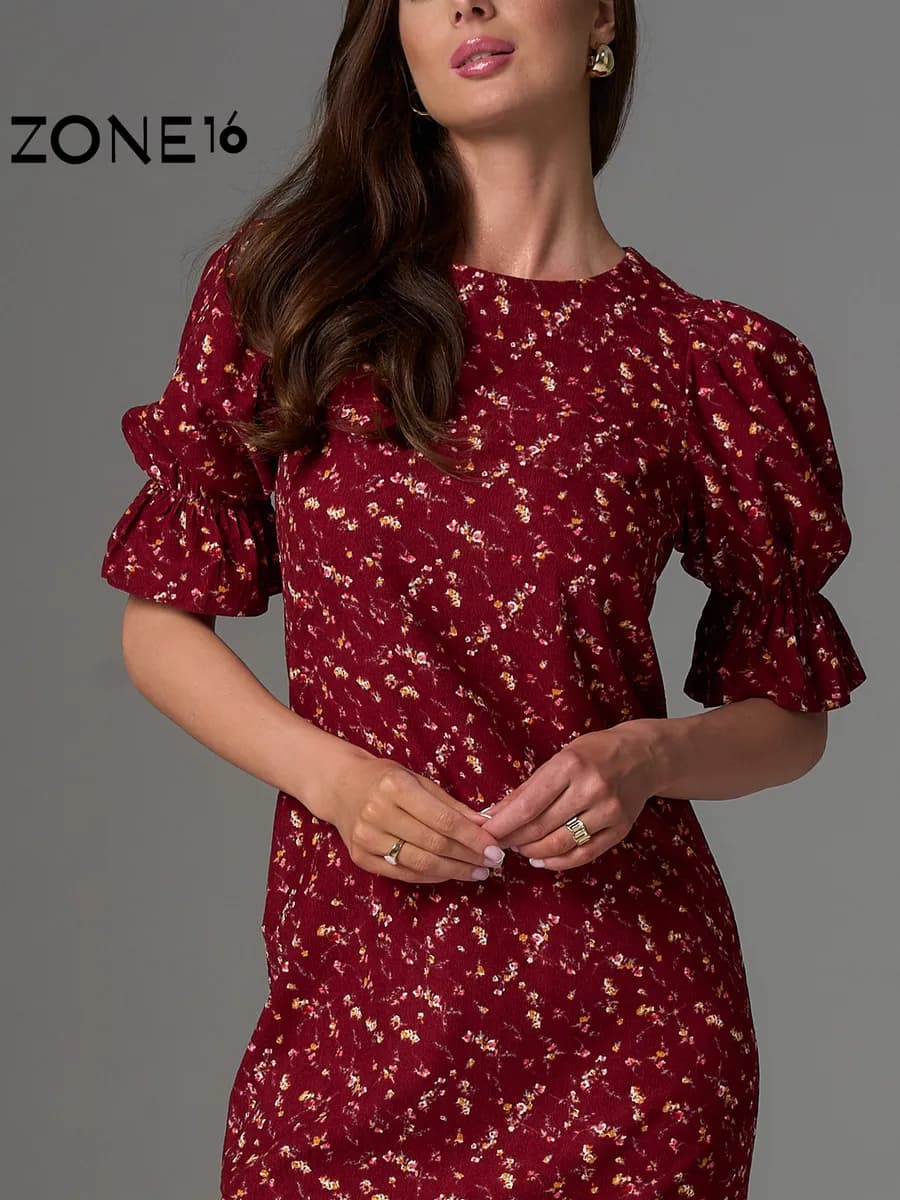 Платье теплое вельветовое миди с пышными рукавами