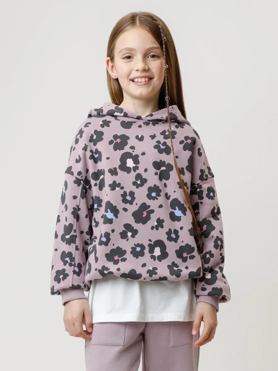 Трикотажное худи с принтом с начёсом для девочки
