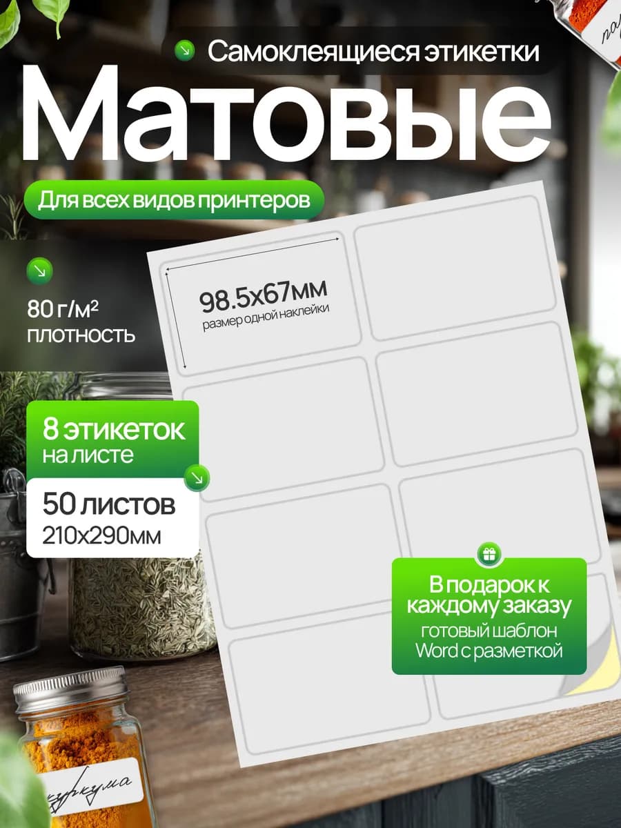 Этикетки самоклеящиеся 98,5х67 мм 50 листов, 8 штук на листе