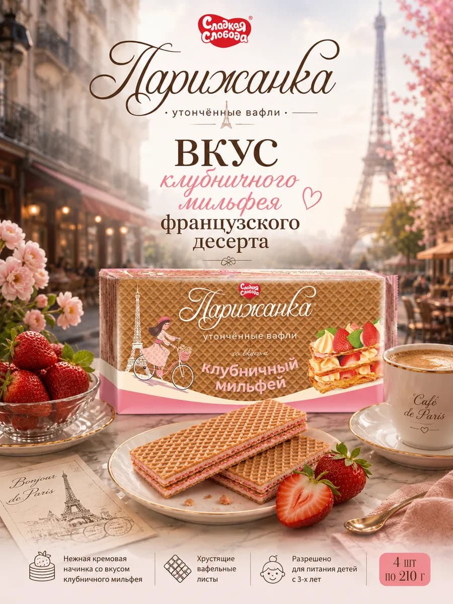Вафли Парижанка со вкусом клубничный мильфей 4 шт по 210 гр