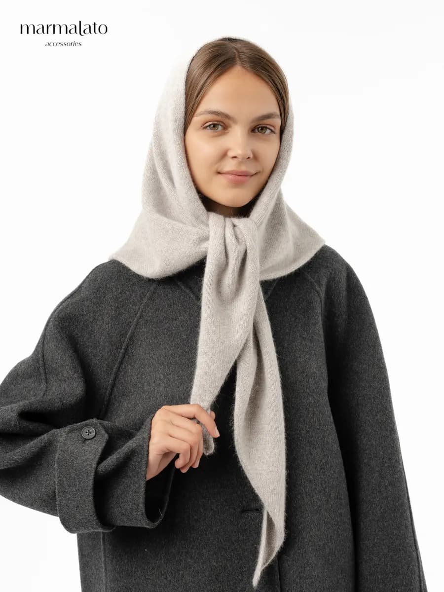 платок на голову теплый косынка вязаная с шерстью енота